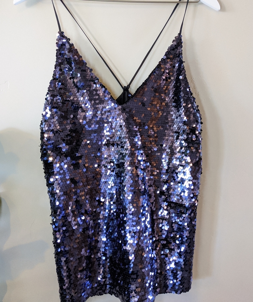 Zara Sequin Tank Top Spaghetti Strap Sexy Plunging Neckline Trafaluc